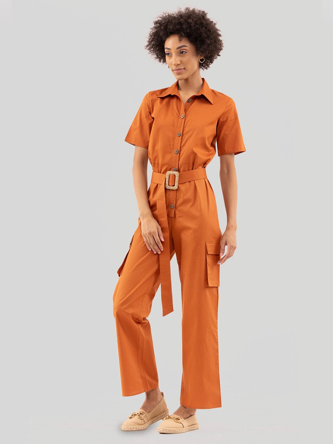 Samshek Shirt Collar Cotton Basic Jumpsuit, Tan