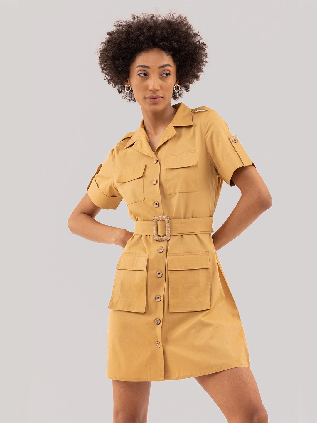 Samshek Shirt Collar Roll-Up Sleeves Cotton Shirt Dress, Yellow