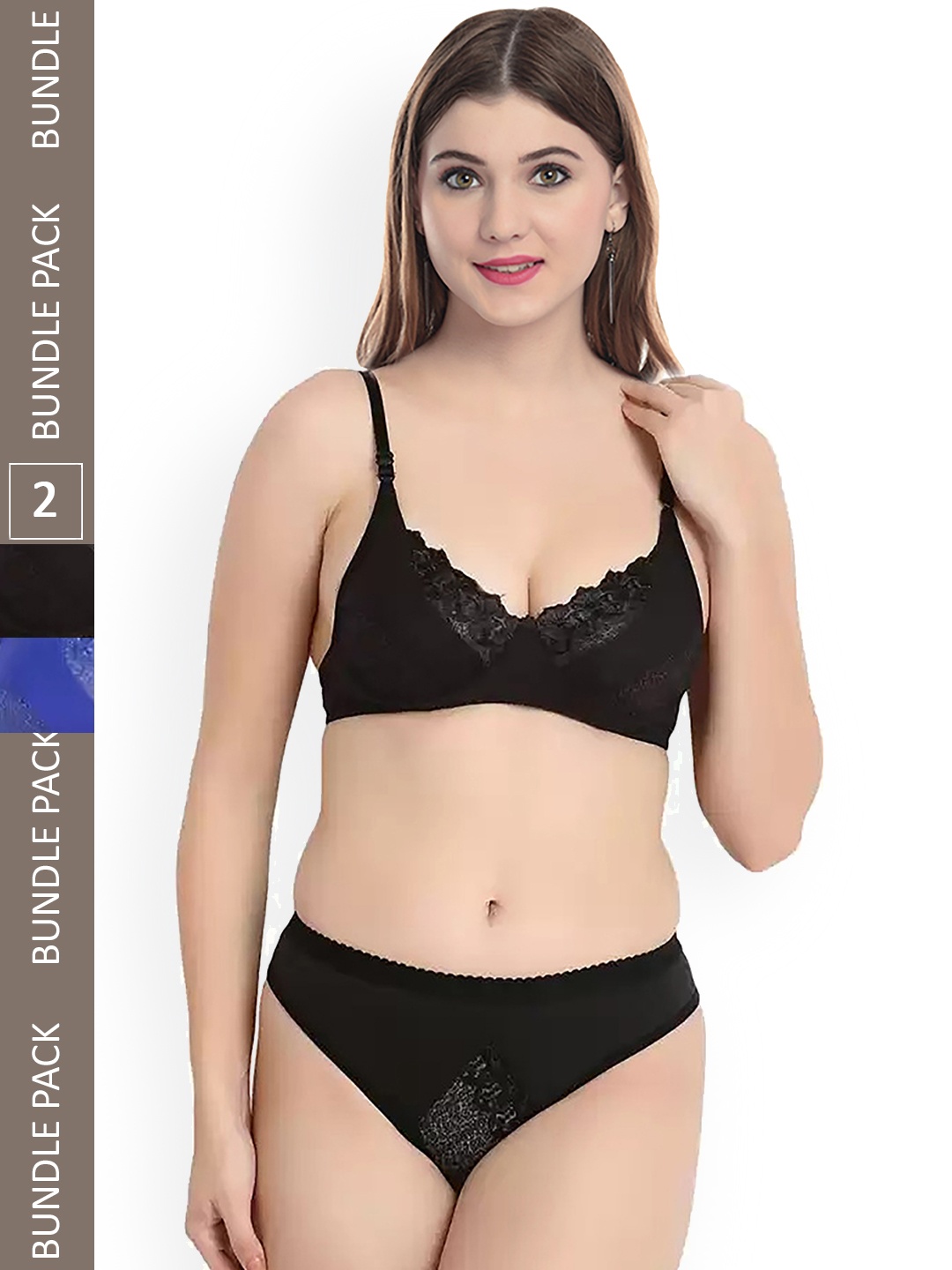 PIBU Self-Design Lace detail Cotton Lingerie Set (Pack of 2), Black