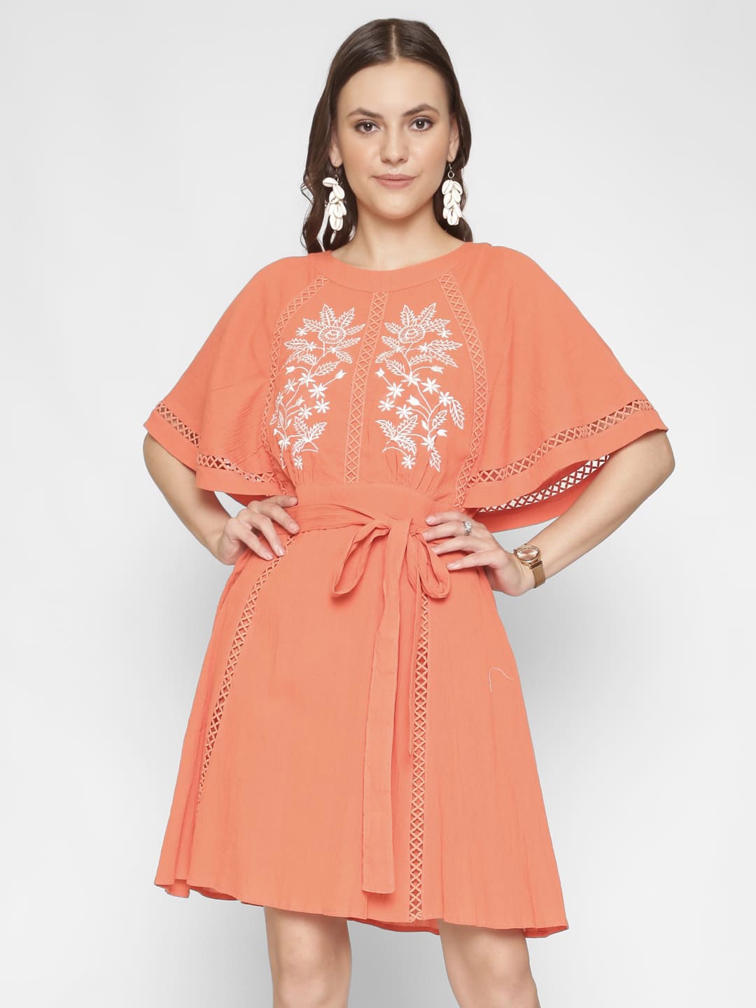 250 DESIGNS Floral Embroidered Cape Sleeves Tie-Ups Detailed Cotton Fit & Flare Dress, Orange
250 DESIGNS Floral Embroidered Cape Sleeves Tie-Ups Detailed Cotton Fit & Flare Dress, Orange