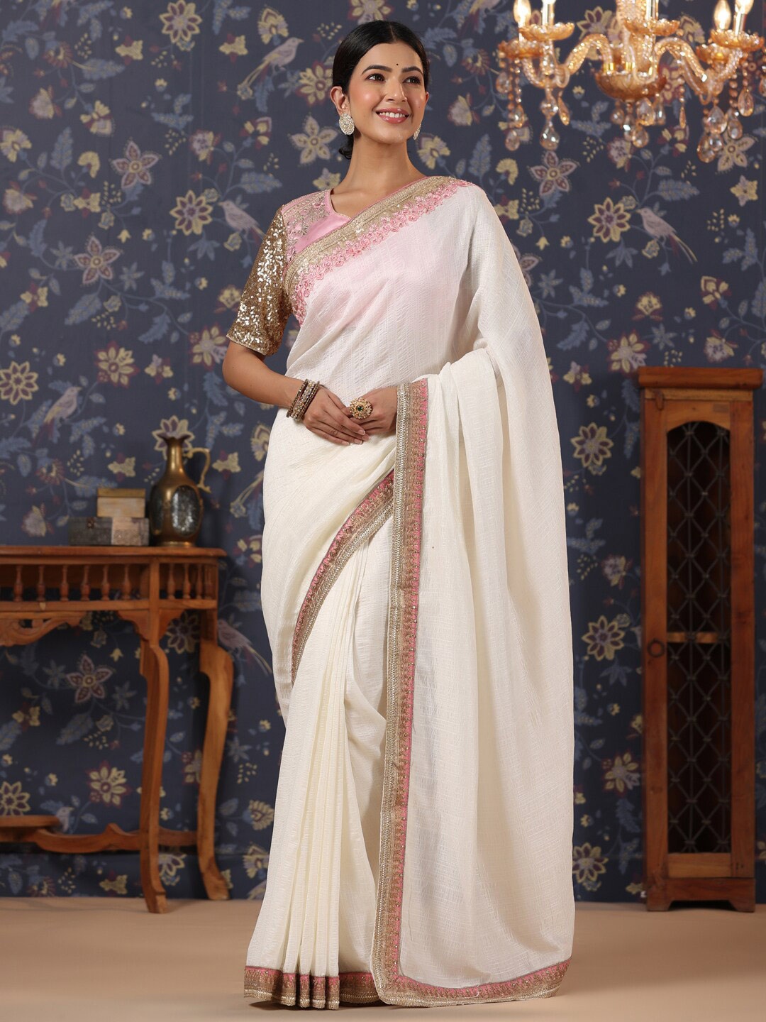 House of Pataudi Embroidered Pure Silk Saree, White