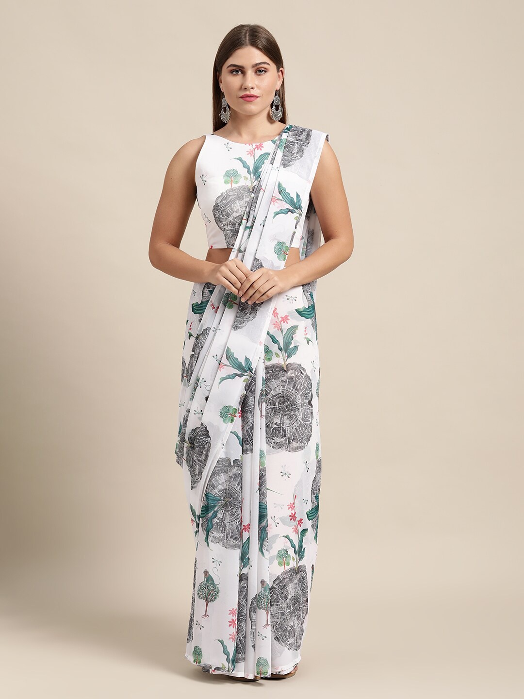 KALINI Floral Printed Pure Georgette Saree, White