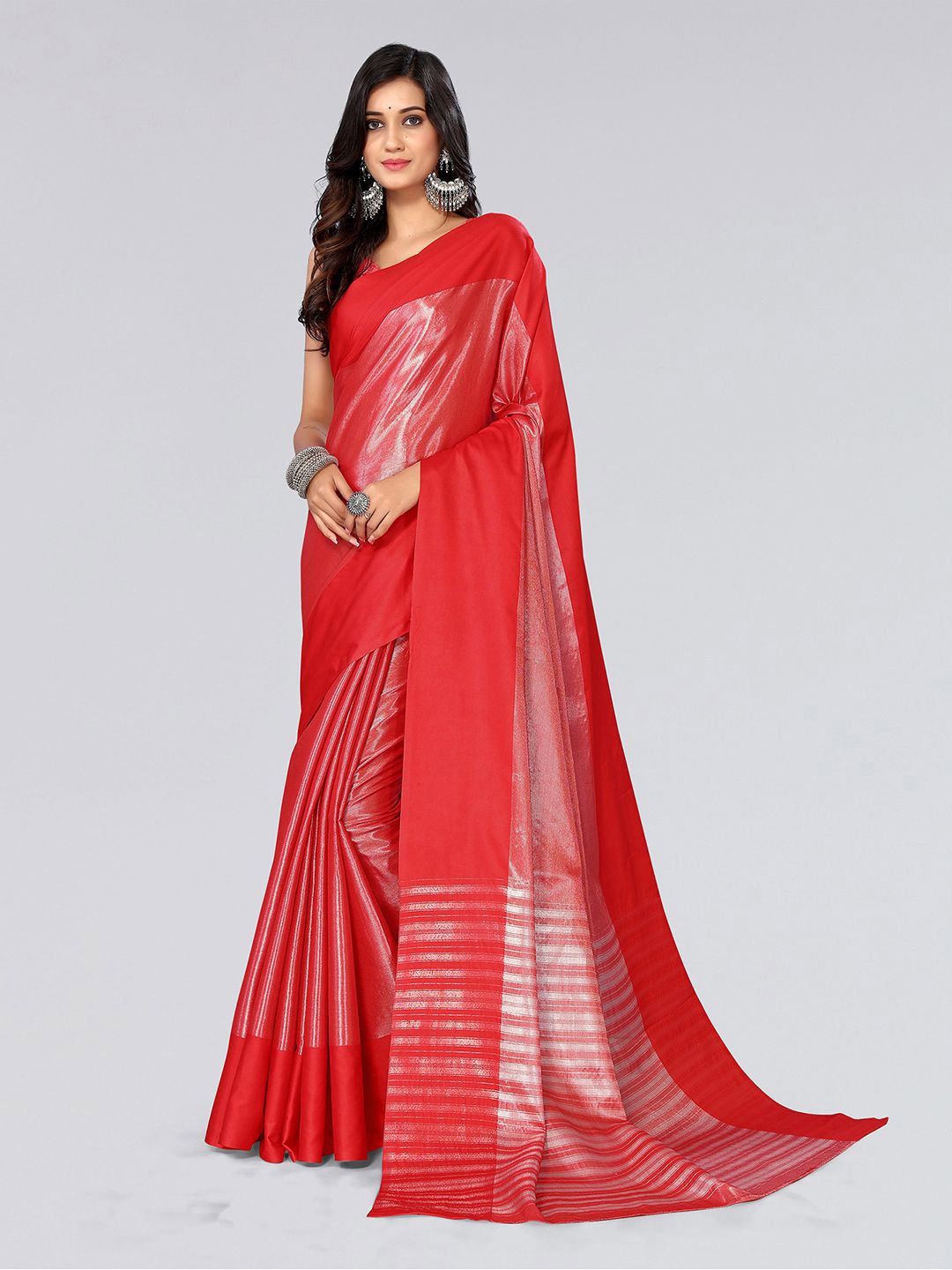 SIRIL Red & Silver-Toned Zari Saree