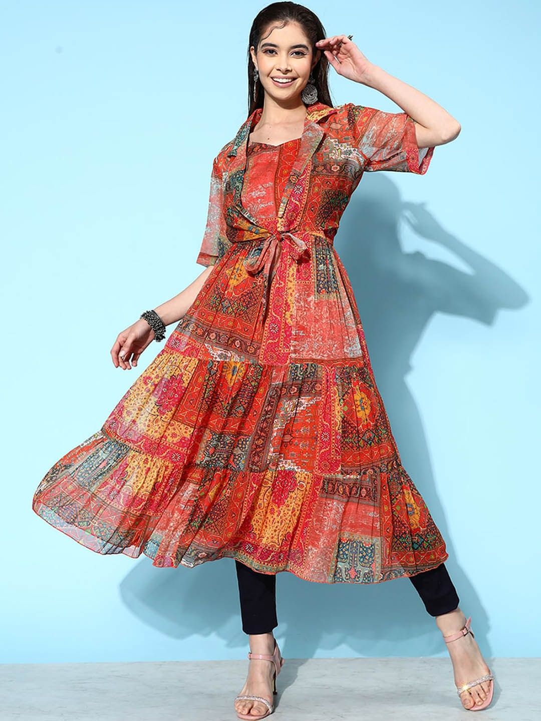 ODETTE Ethnic Motif Printed Shoulder Strap Anarkali Kurta, Orange
