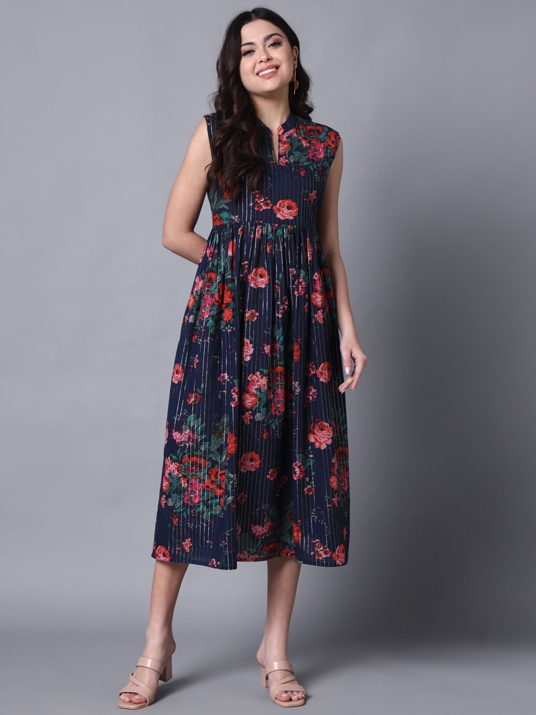 KALINI Floral Printed Mandarin Collar Gathered Detail Cotton Fit & Flare Midi Dress, Navy blue
KALINI Floral Printed Mandarin Collar Gathered Detail Cotton Fit & Flare Midi Dress, Navy blue