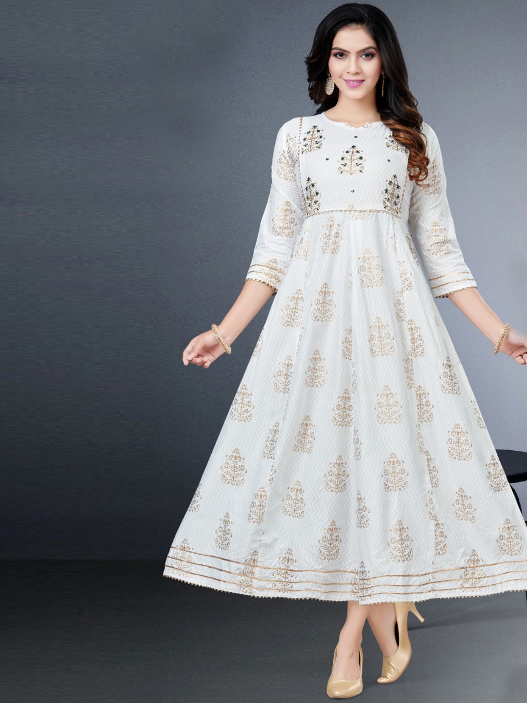 Angroop Ethnic Motifs Printed Gota Patti Anarkali Kurta With Bandhani Dupatta, White
Angroop Ethnic Motifs Printed Gota Patti Anarkali Kurta With Bandhani Dupatta, White