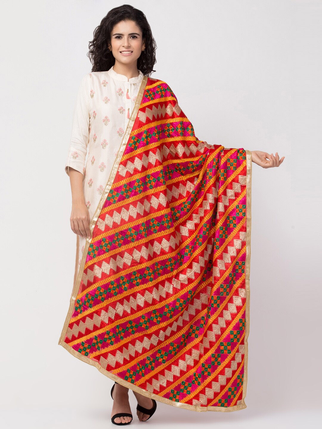 Tweedle Ethnic Motifs Embroidered Art Silk Dupatta with Phulkari, Green