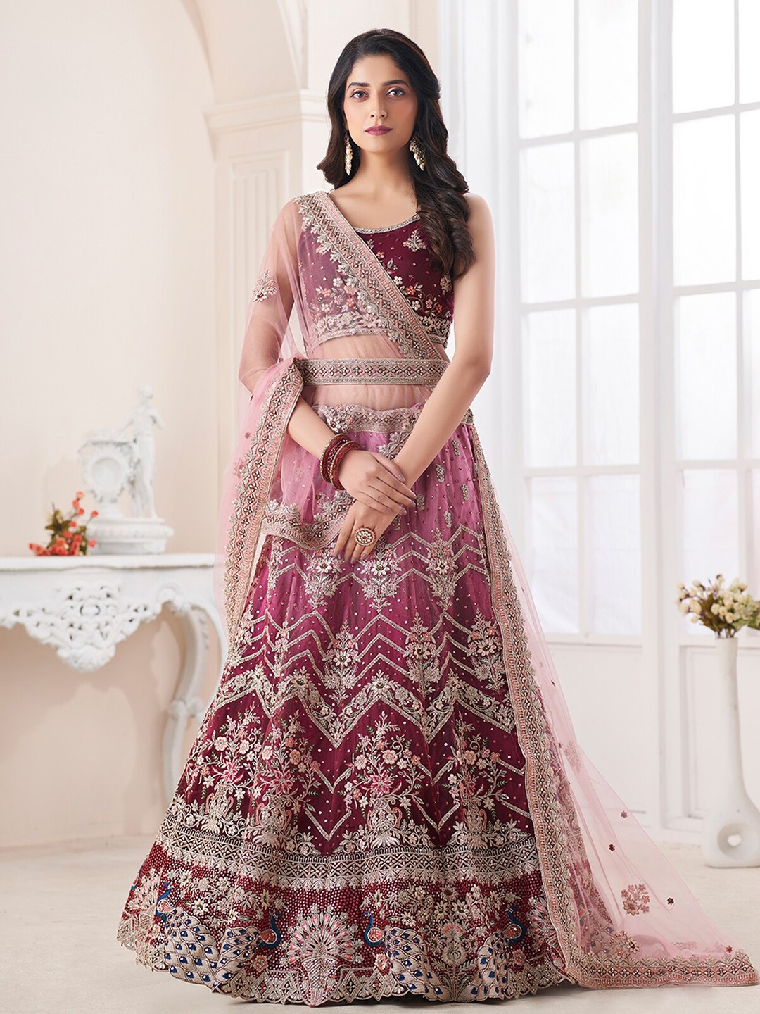 ODETTE Maroon & Gold-Toned Embroidered Thread Work Semi-Stitched Lehenga & Unstitched Blouse With Dupatta