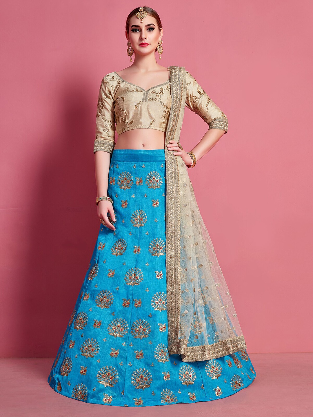 ODETTE Blue & Cream-Coloured Embroidered Thread Work Semi-Stitched Lehenga & Unstitched Blouse With Dupatta
ODETTE Blue & Cream-Coloured Embroidered Thread Work Semi-Stitched Lehenga & Unstitched Blouse With Dupatta