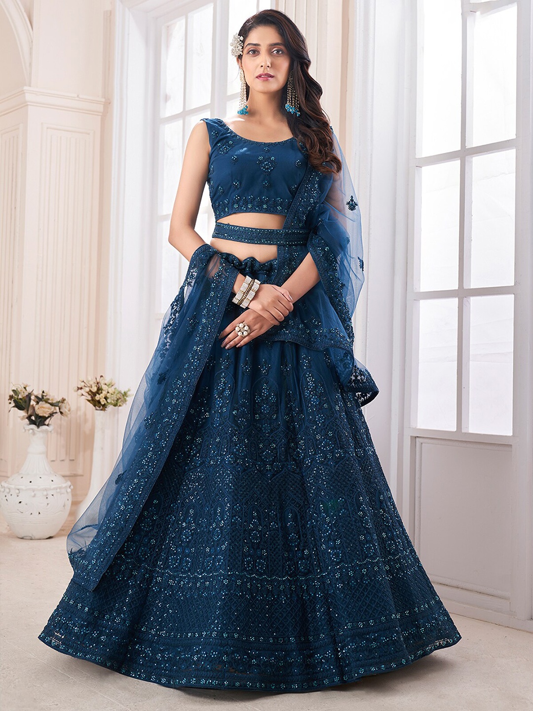 ODETTE Embellished Beads and Stones Semi-Stitched Lehenga & Unstitched Blouse With Dupatta, Teal
ODETTE Embellished Beads and Stones Semi-Stitched Lehenga & Unstitched Blouse With Dupatta, Teal