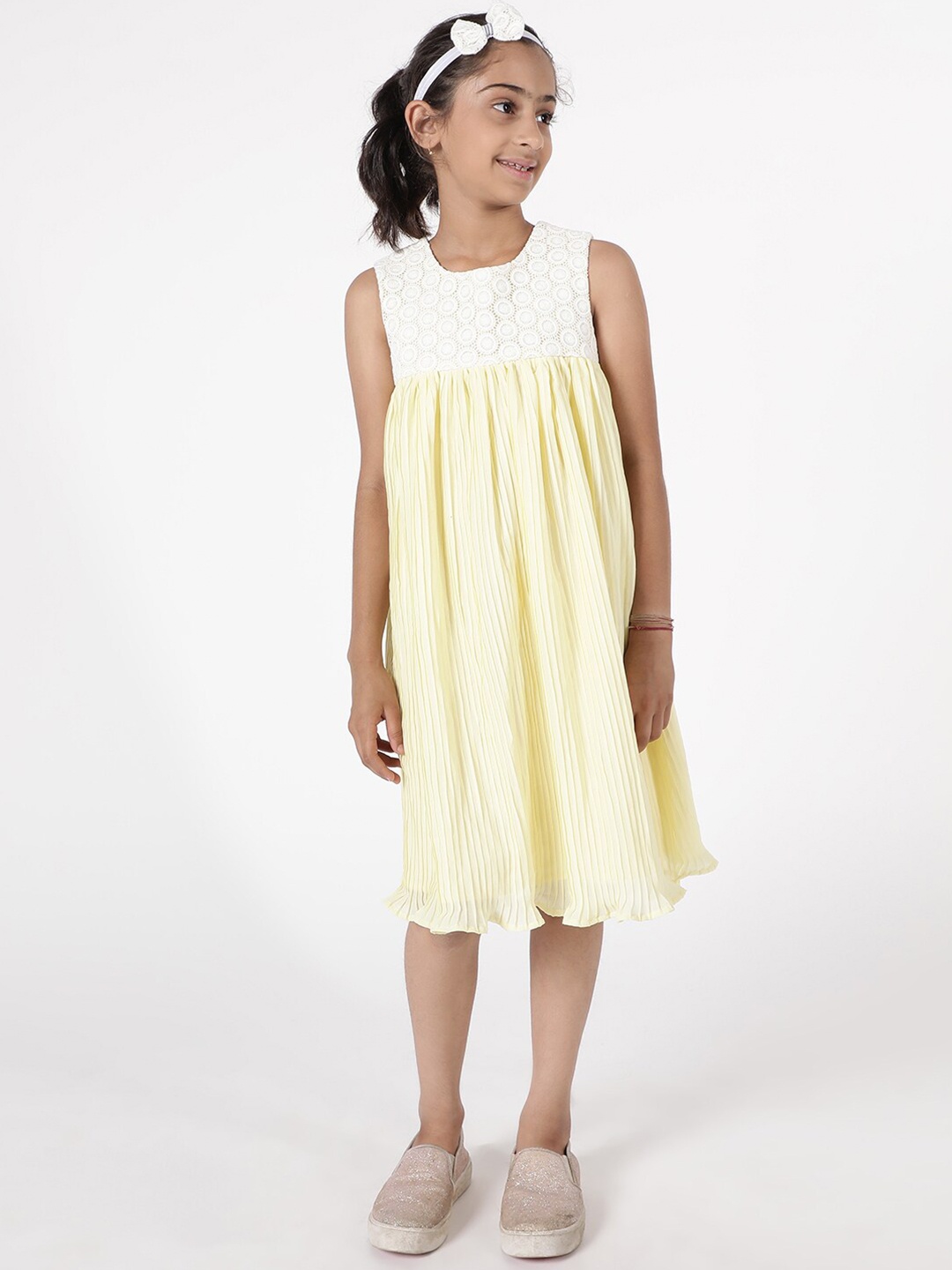 A Little Fable Girls Self Design Round Neck Lace Inserts Accordion Pleated A-Line Dress, Yellow
A Little Fable Girls Self Design Round Neck Lace Inserts Accordion Pleated A-Line Dress, Yellow