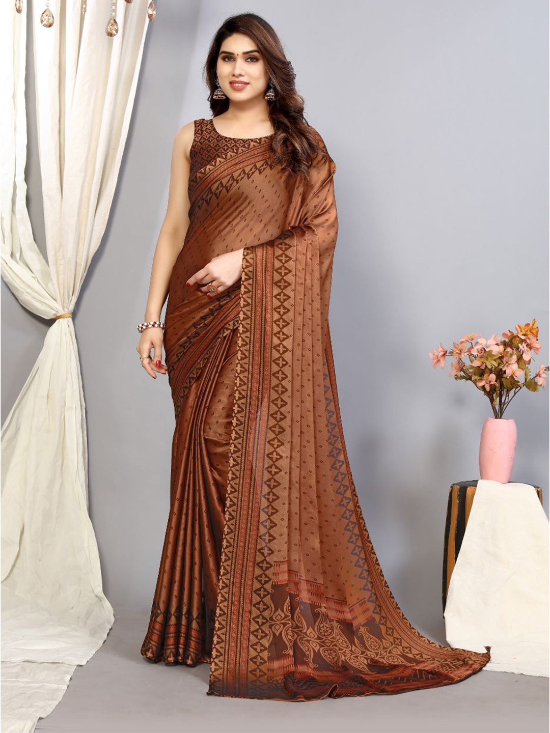 FABMORA Ethnic Motifs Printed Poly Chiffon Saree, Brown