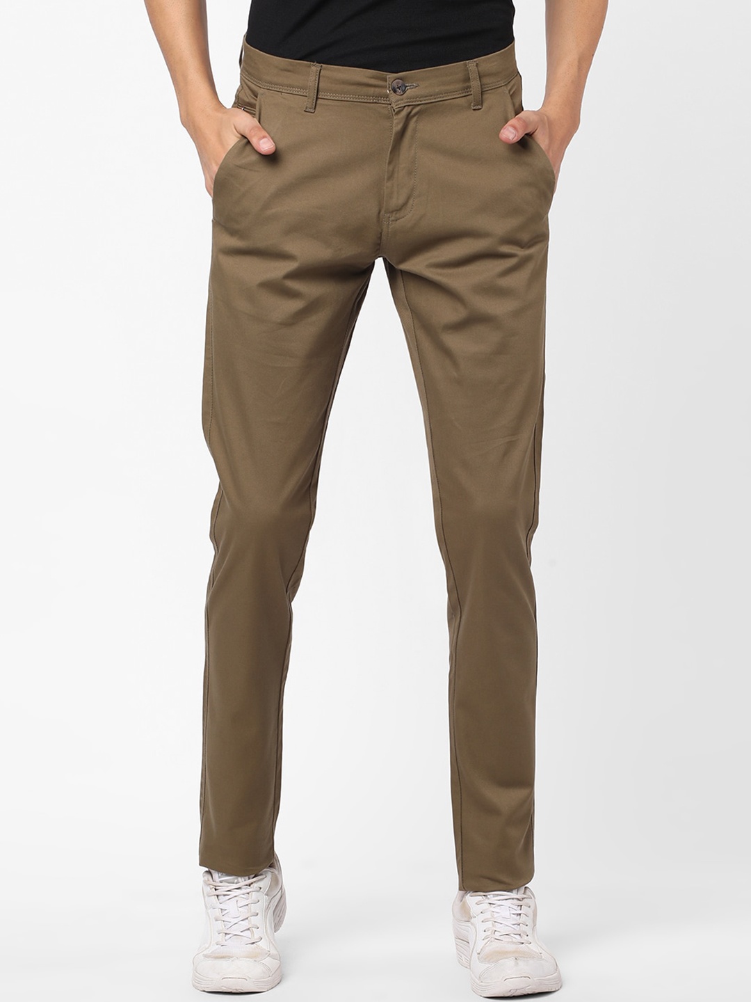 R&B Men Mid-Rise Slim Fit Cotton Trousers, Olive