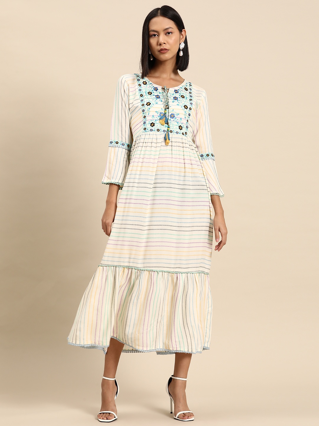 all about you Embroidered & Striped Tie-Up Neck Bell Sleeves Tiered A-Line Midi Dress, Off white
all about you Embroidered & Striped Tie-Up Neck Bell Sleeves Tiered A-Line Midi Dress, Off white
