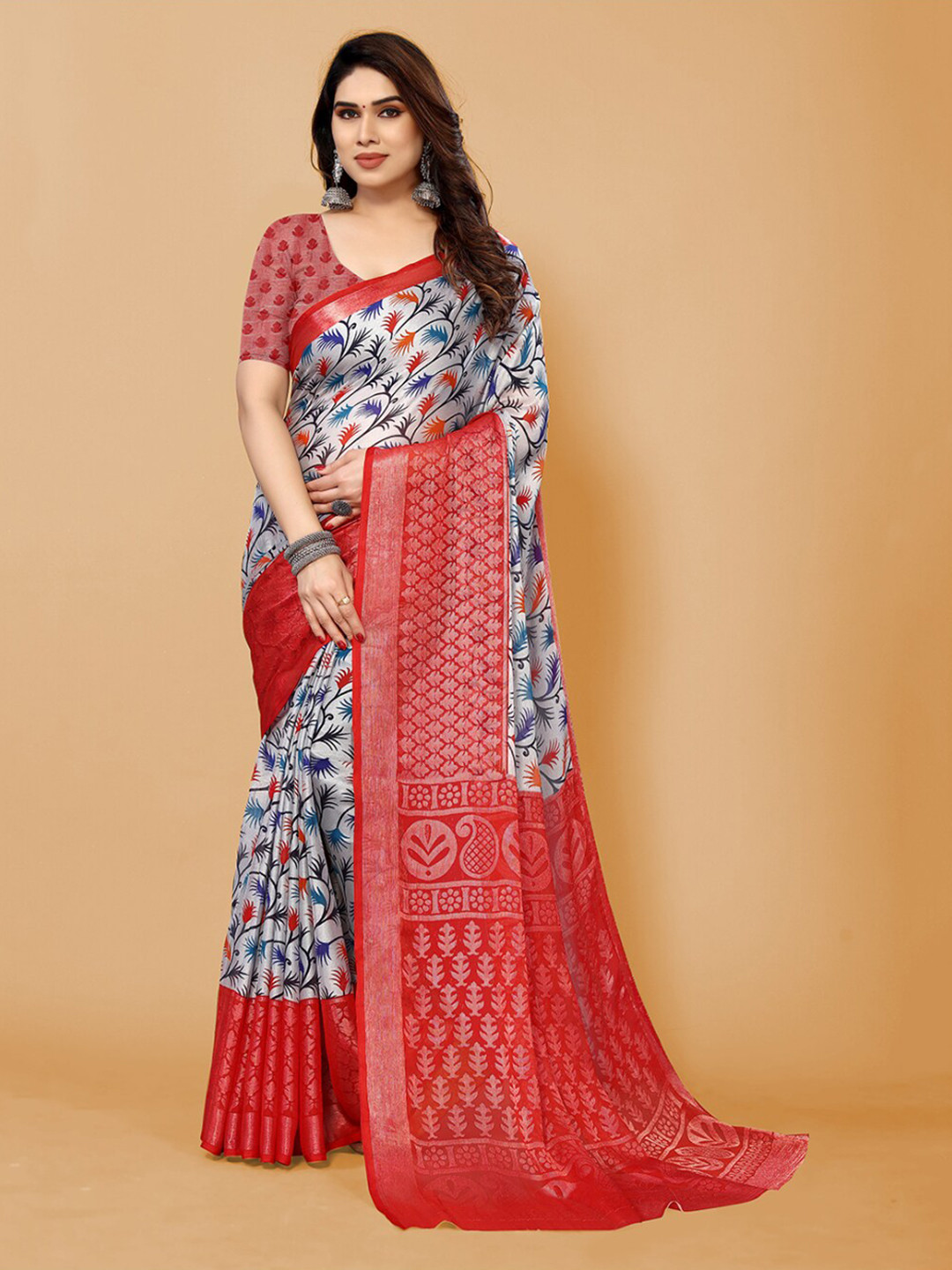 FABMORA Floral Printed Zari Saree, Red 
FABMORA Floral Printed Zari Saree, Red