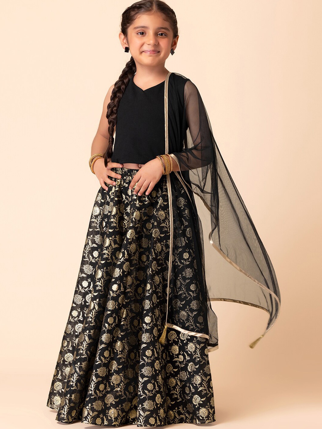 Miss Indya Girls Floral Foil Printed Ready to Wear Lehenga & Blouse With Dupatta, Black
Miss Indya Girls Floral Foil Printed Ready to Wear Lehenga & Blouse With Dupatta, Black