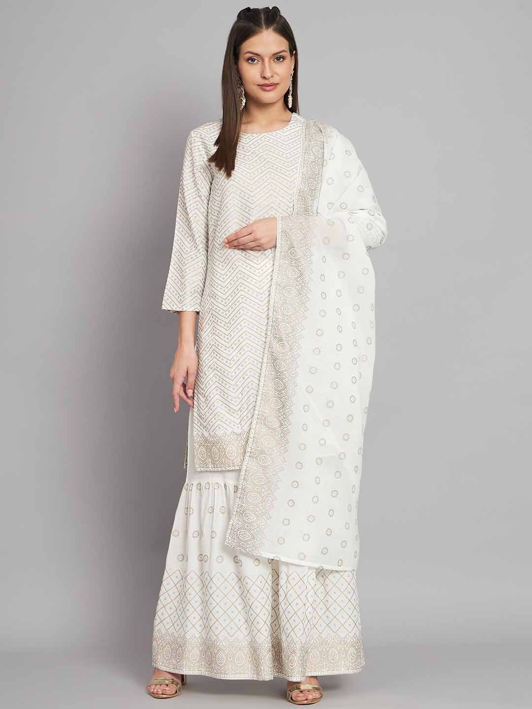 Nehamta Ethnic Motifs Printed Round Neck Regular Kurta With Sharara & Dupatta, White
Nehamta Ethnic Motifs Printed Round Neck Regular Kurta With Sharara & Dupatta, White