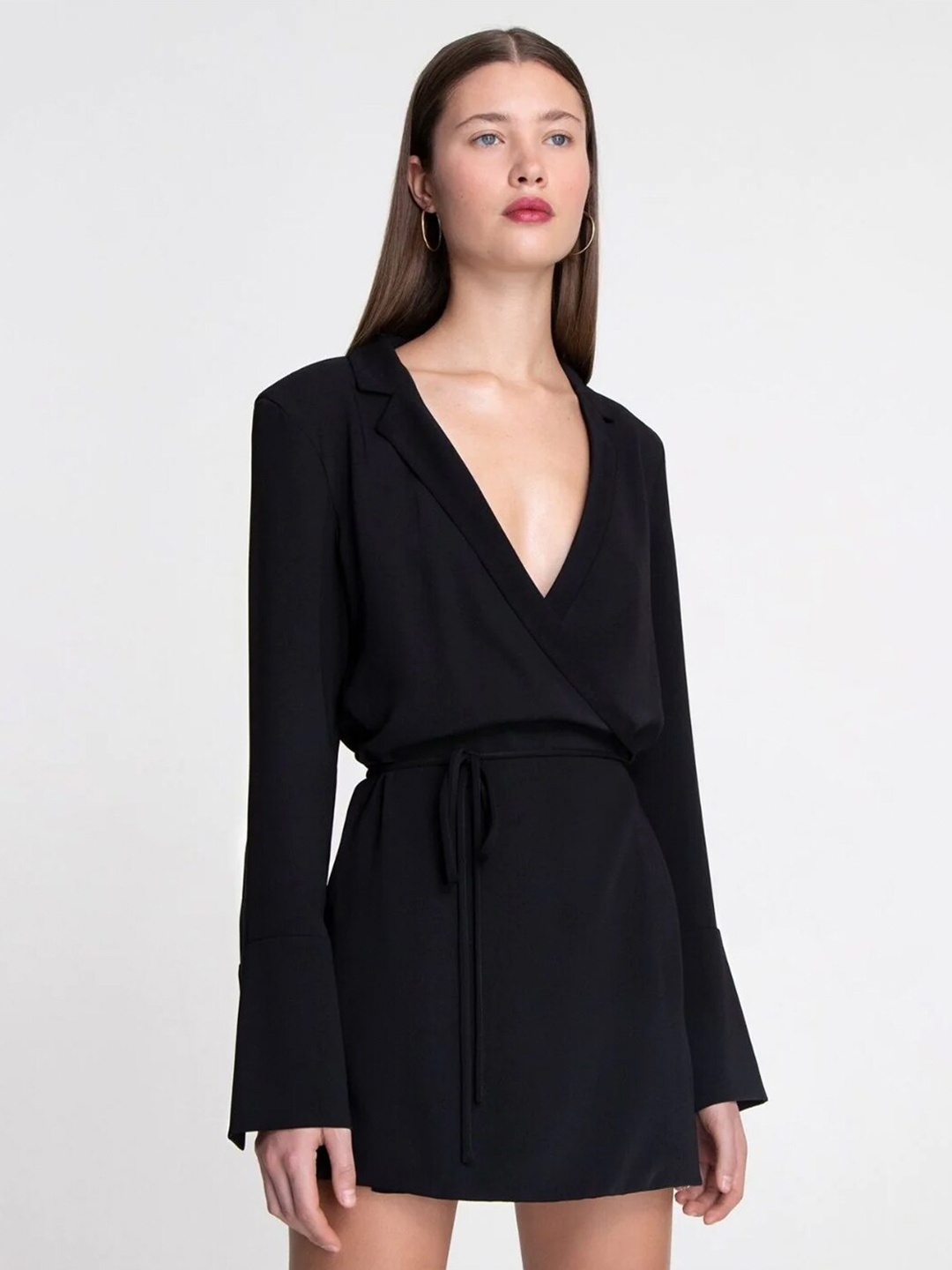 Styched Notched Collar Wrap Mini Dress, Black