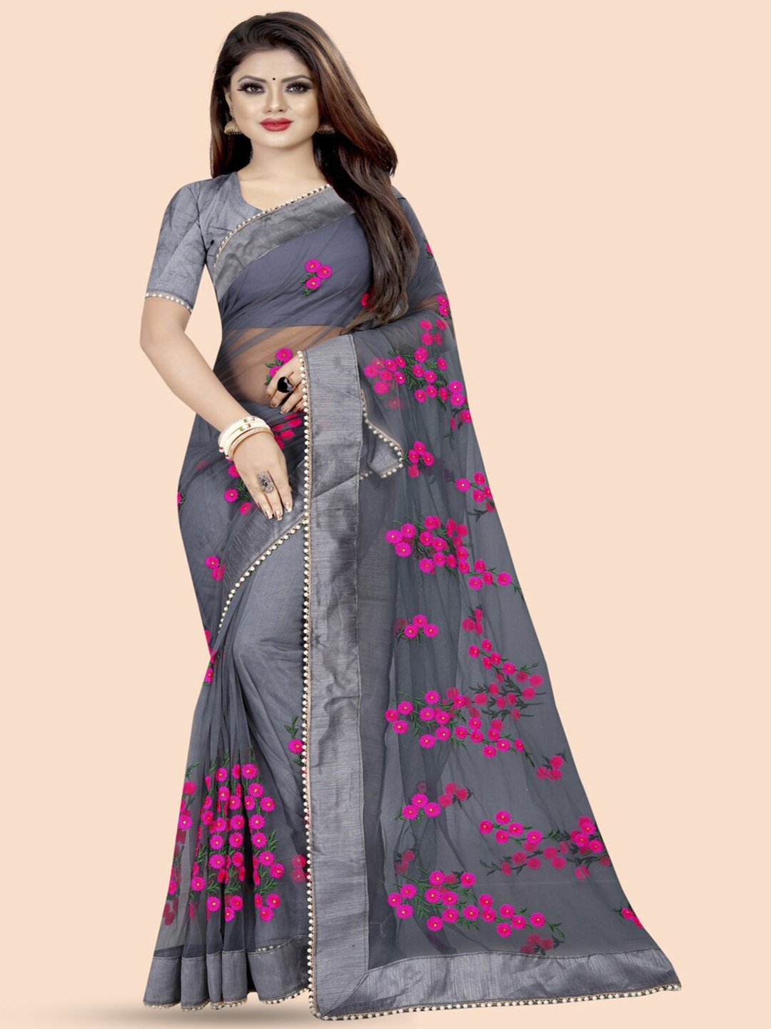 GOROLY Grey & Pink Floral Beads and Stones Net Saree