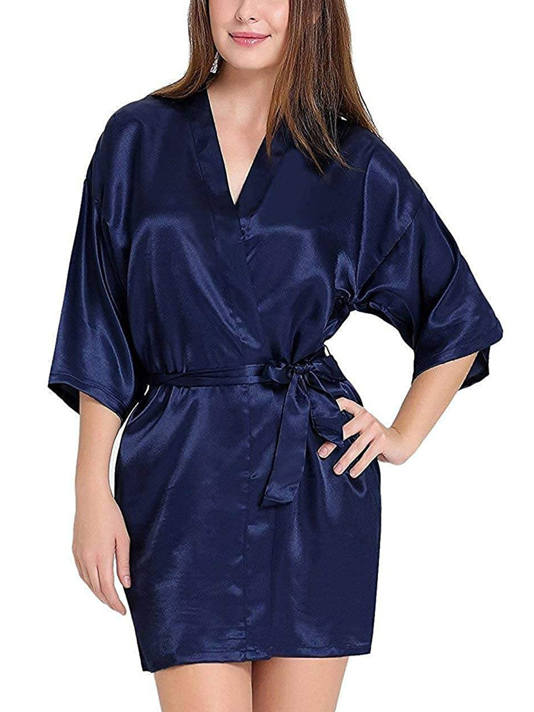 FIMBUL V-Neck Waist Tie-up Mini Length Robe, Navy blue 
FIMBUL V-Neck Waist Tie-up Mini Length Robe, Navy blue