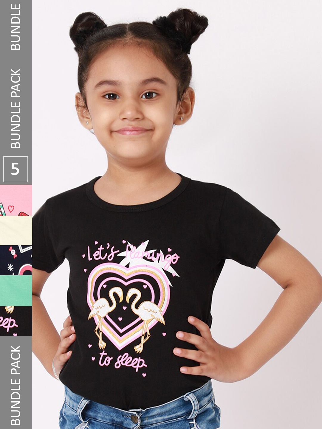 BAESD Pack of 5 Girls Graphic Printed T-shirt, Black