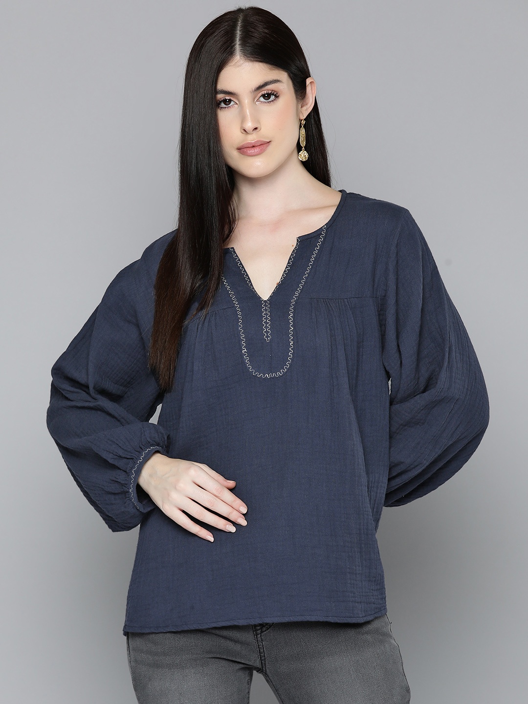 SCOUP Puff Sleeve Indigo Cotton Top, Navy blue