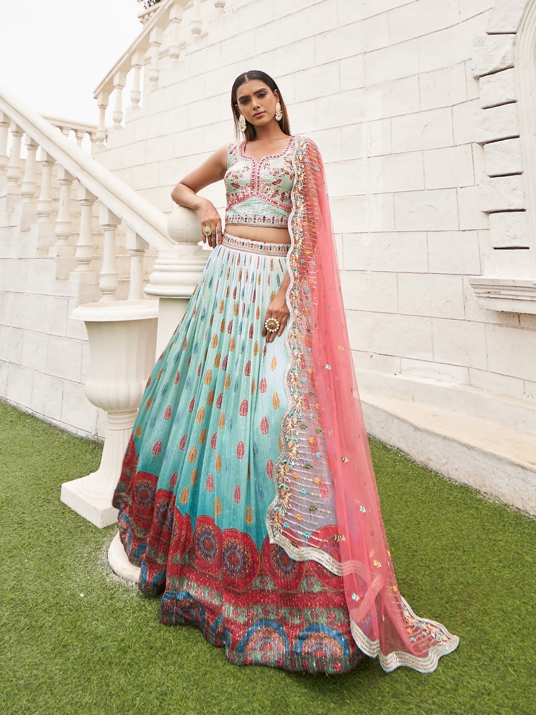 panchhi Embellished Mirror Work Kalamkari Ready to Wear Lehenga Choli, Turquoise blue
panchhi Embellished Mirror Work Kalamkari Ready to Wear Lehenga Choli, Turquoise blue