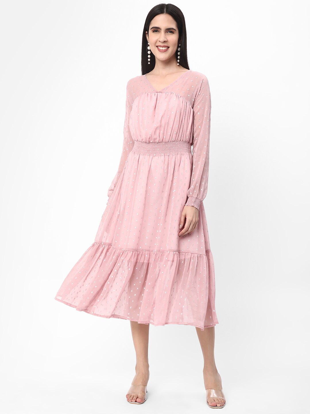 R&B Self Design V-Neck Cuffed Sleeves Smocked Tiered Fit & Flare Midi Dress, Pink
R&B Self Design V-Neck Cuffed Sleeves Smocked Tiered Fit & Flare Midi Dress, Pink