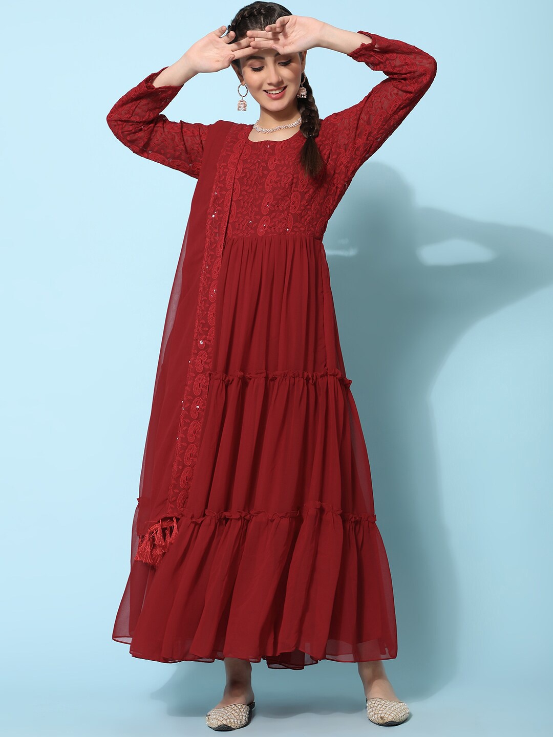 KALINI Chikankari Embroidered Tiered Fit & Flared Maxi Ethnic Dress With Dupatta, Maroon
KALINI Chikankari Embroidered Tiered Fit & Flared Maxi Ethnic Dress With Dupatta, Maroon
