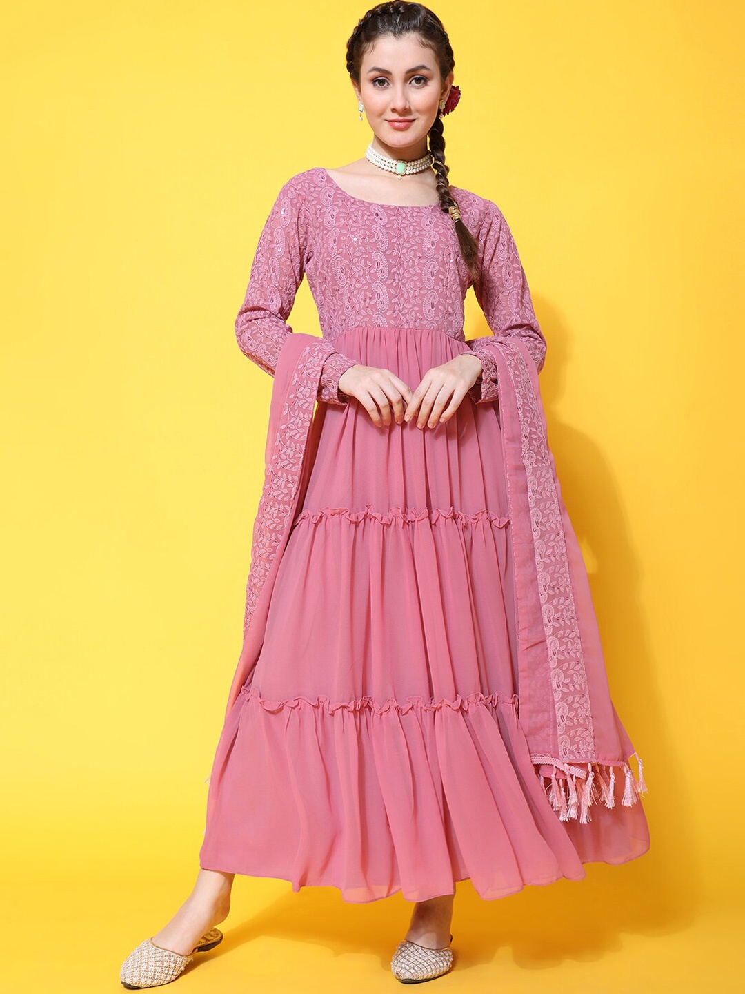 KALINI Chikankari Embroidered Tiered Fit & Flared Maxi Ethnic Dress With Dupatta, Pink
KALINI Chikankari Embroidered Tiered Fit & Flared Maxi Ethnic Dress With Dupatta, Pink