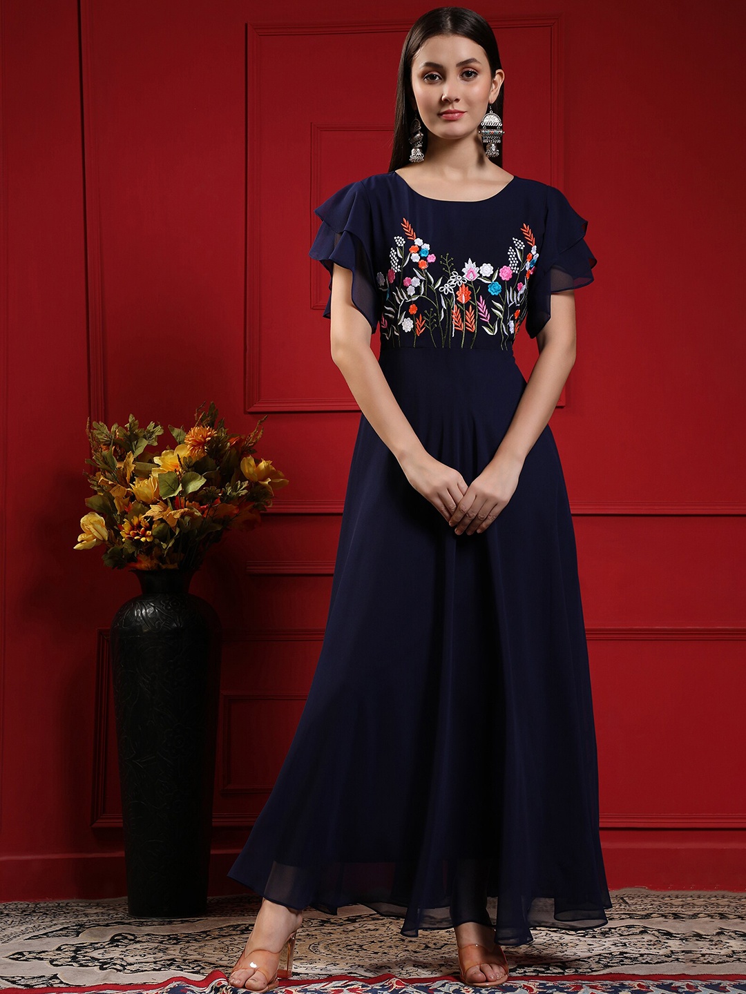 KALINI Floral Embroidered Flutter Sleeves Georgette Fit & Flare Maxi Ethnic Dress, Navy blue
KALINI Floral Embroidered Flutter Sleeves Georgette Fit & Flare Maxi Ethnic Dress, Navy blue