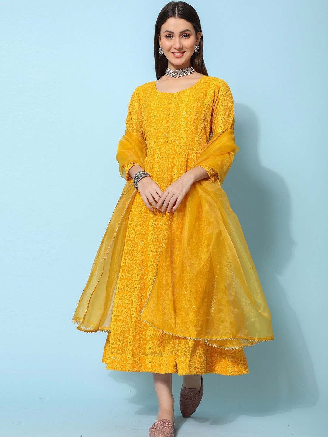 KALINI Chikankari Embroidered Tie-Up Detail Georgette Ethnic Dress With Dupatta, Mustard
KALINI Chikankari Embroidered Tie-Up Detail Georgette Ethnic Dress With Dupatta, Mustard