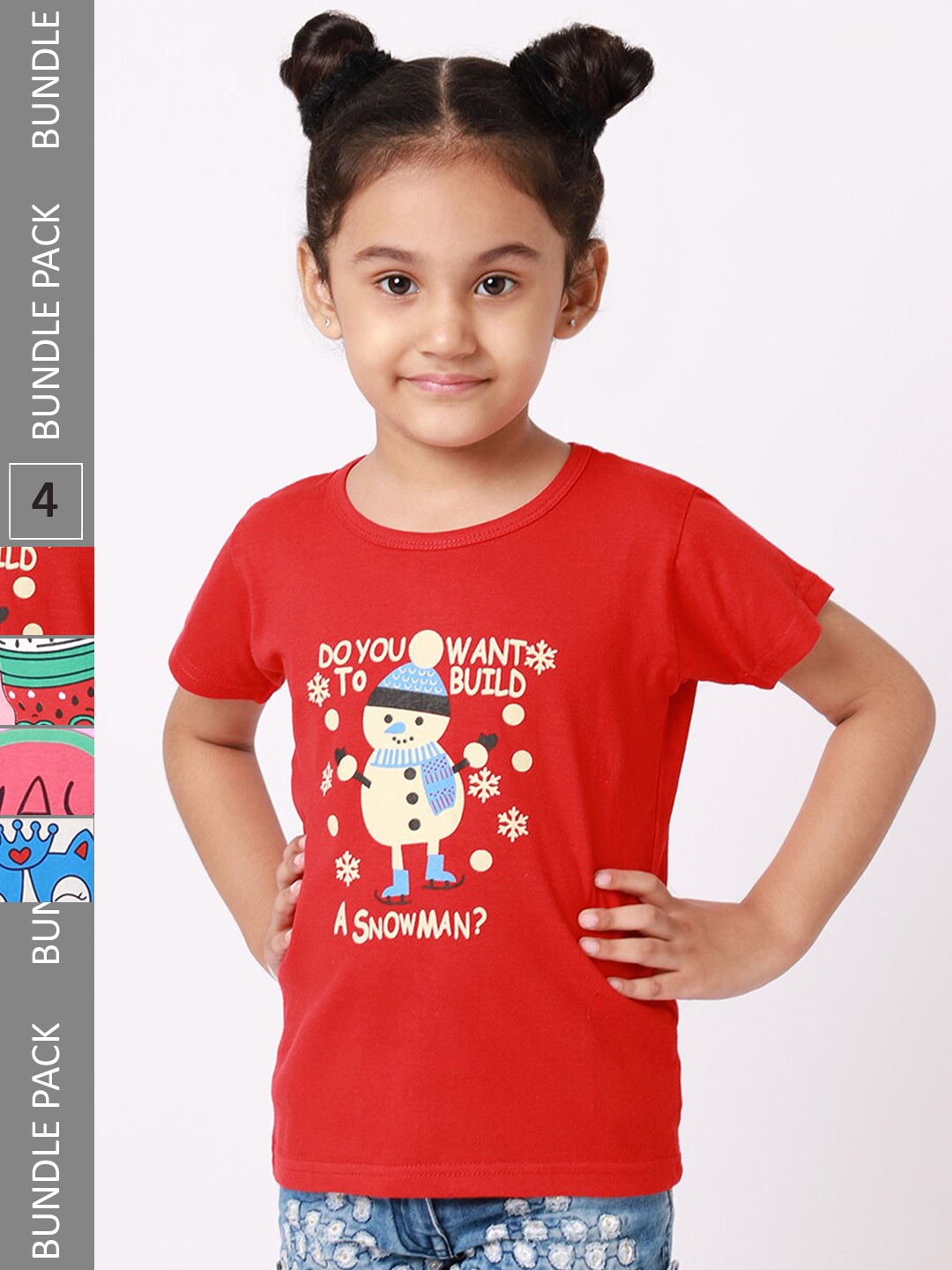 BAESD Girls Pack Of 4 Printed Cotton T-shirt, Red