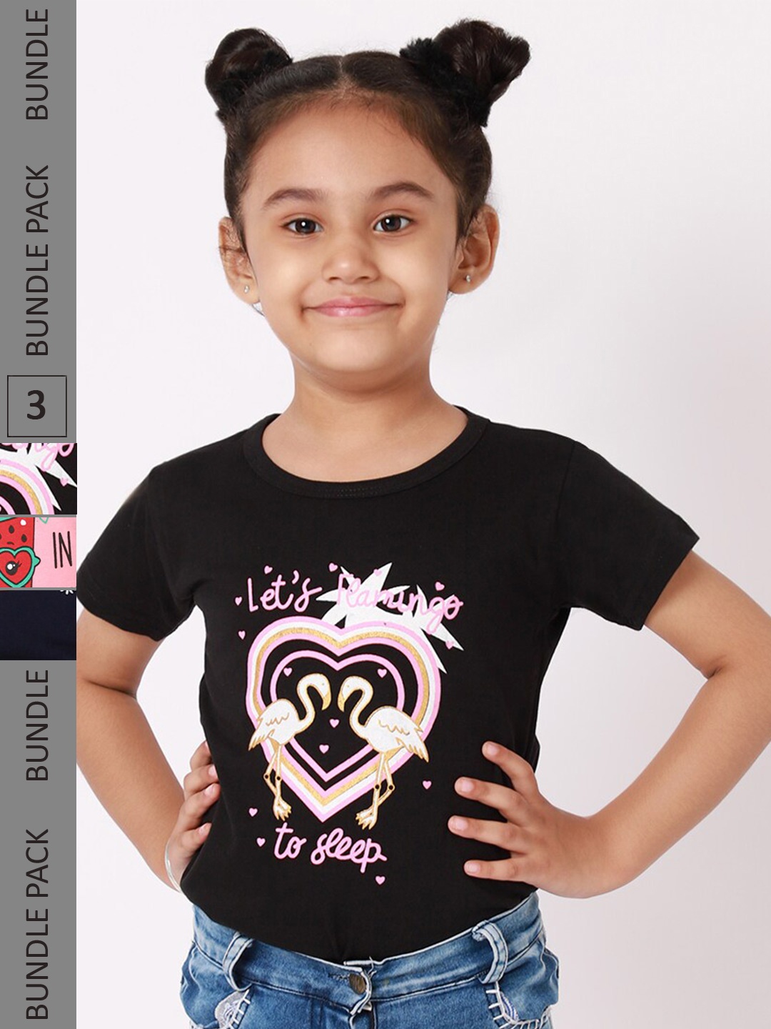 BAESD Girls Pack Of 3 Typography Printed Cotton T-shirt, Black