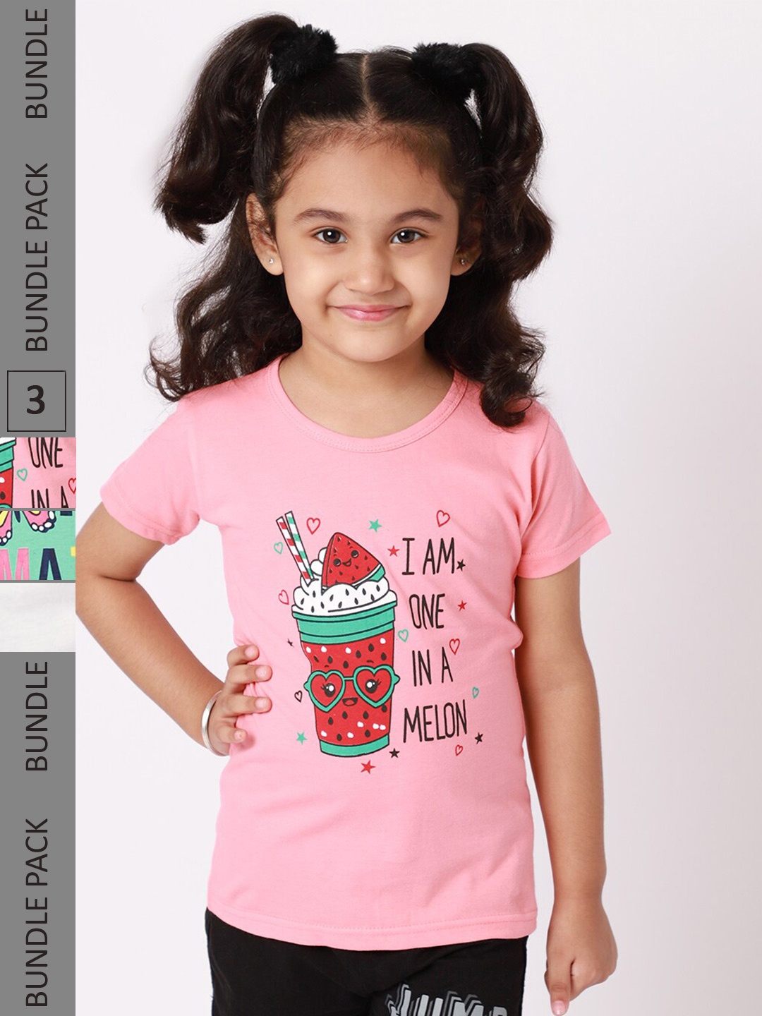 BAESD Girls Pack Of 3 Typography Printed Cotton T-shirt, Pink