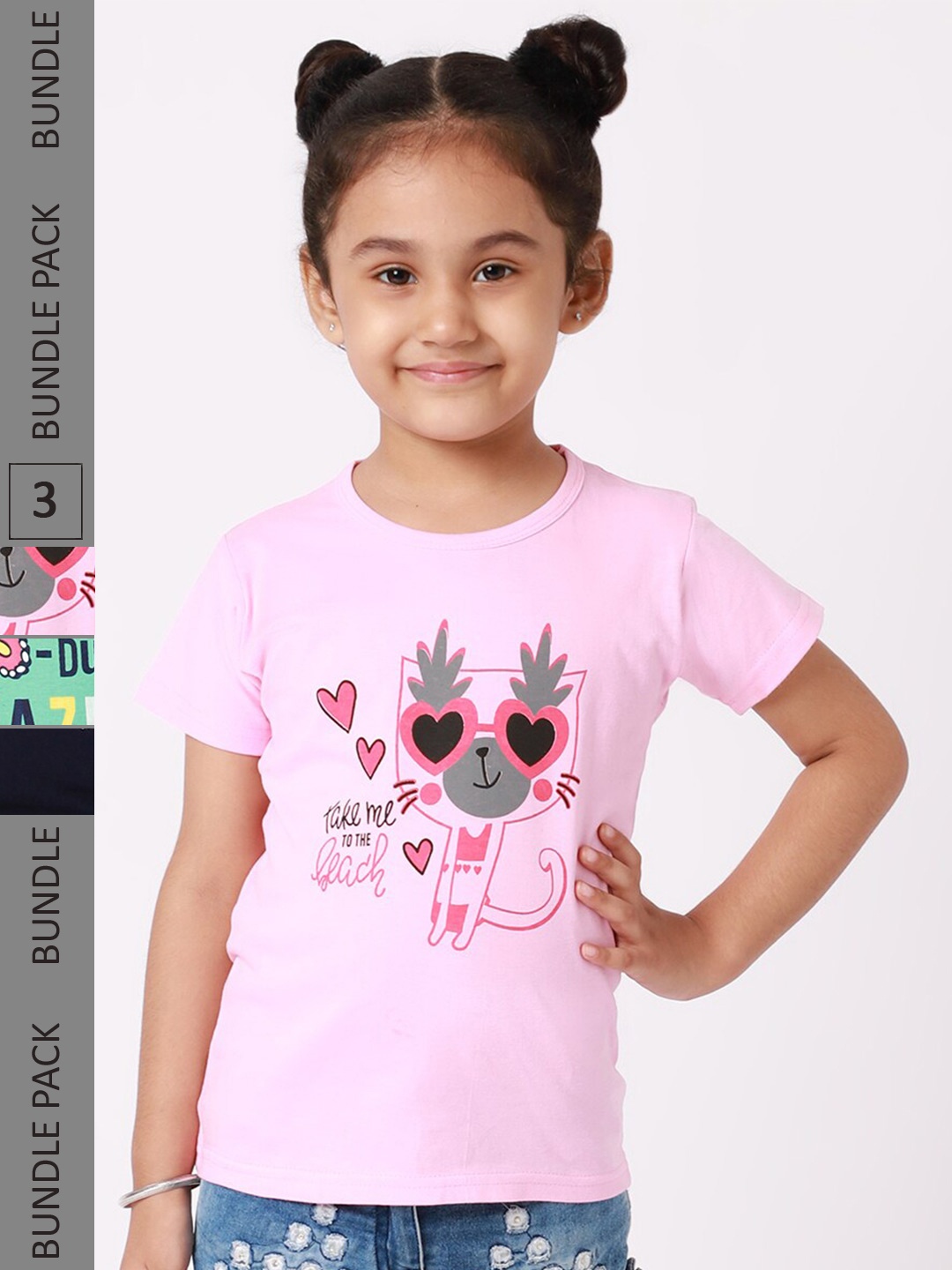 BAESD Girls Pack Of 3 Graphic Printed Cotton T-shirt, Pink
