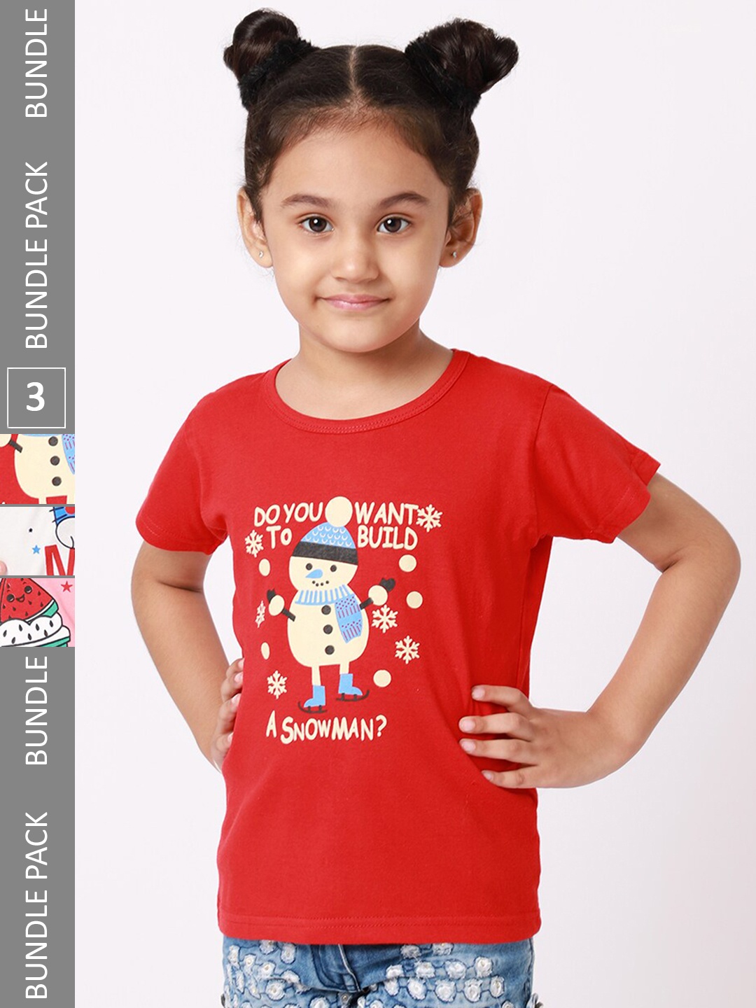 BAESD Girls Pack of 3 Printed Cotton T-shirt, Red
