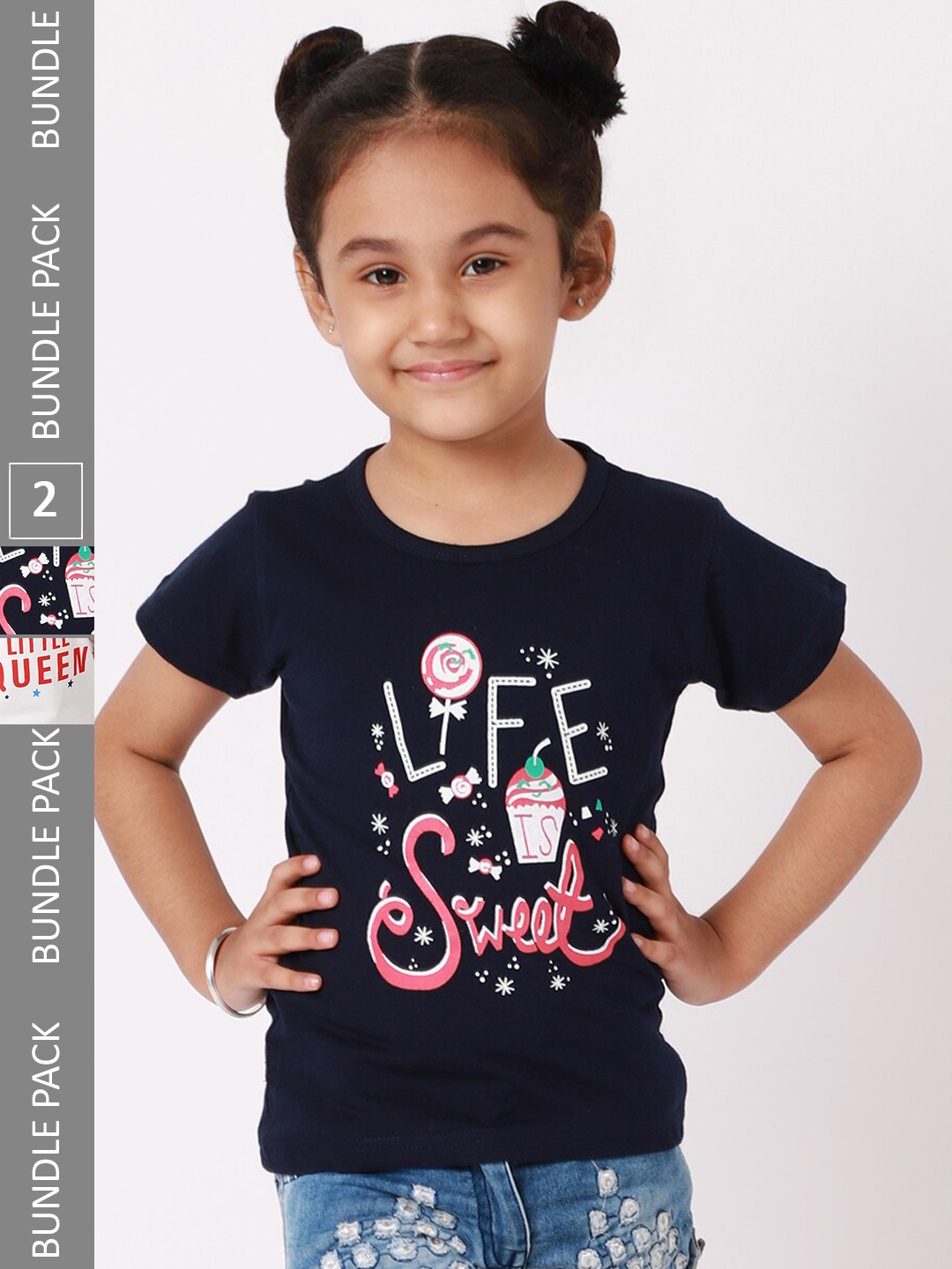 BAESD Girls Pack Of 2 Typography Printed Round Neck Cotton T-shirt, Navy blue