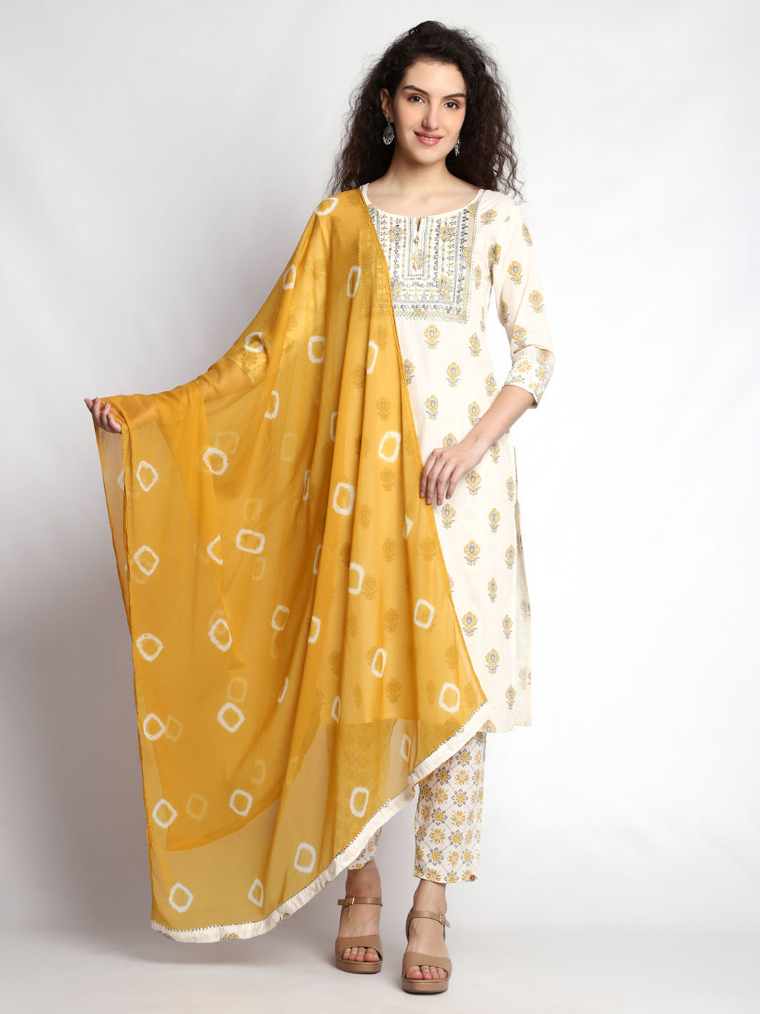 KALINI Floral Printed Thread Work Pure Cotton Straight Kurta & Trousers With Dupatta, White
KALINI Floral Printed Thread Work Pure Cotton Straight Kurta & Trousers With Dupatta, White
