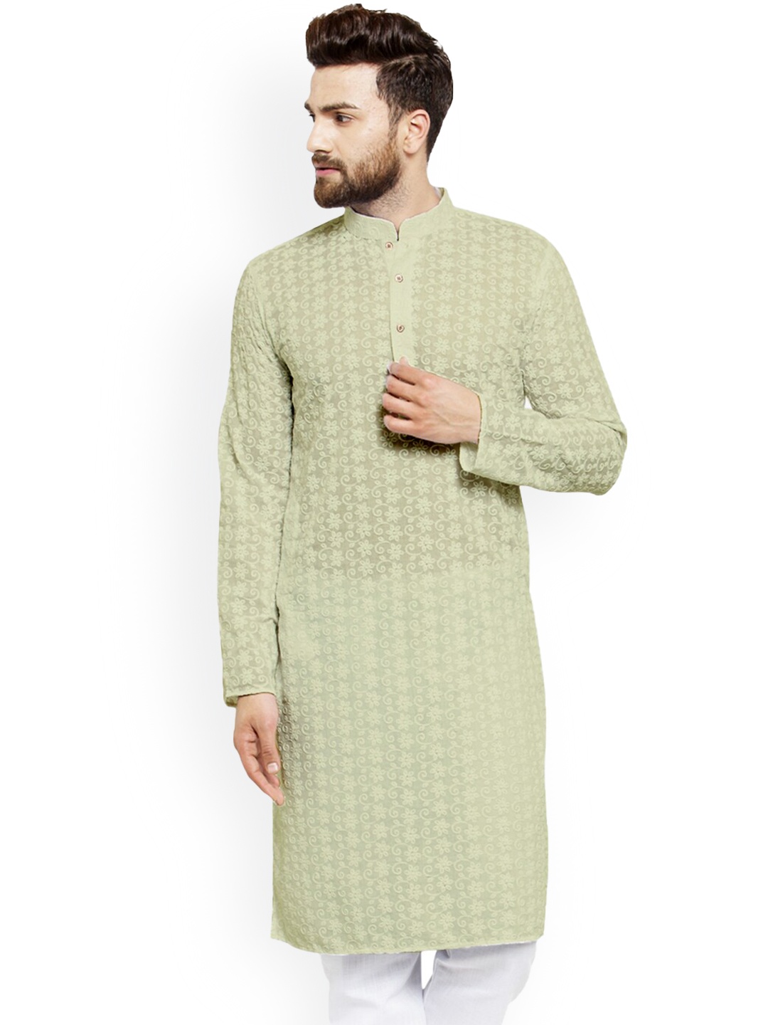 TREEMODA ethnic Motifs Embroidered Mandarin Collar Long Sleeves Pure Cotton Kurta, Green
TREEMODA ethnic Motifs Embroidered Mandarin Collar Long Sleeves Pure Cotton Kurta, Green
