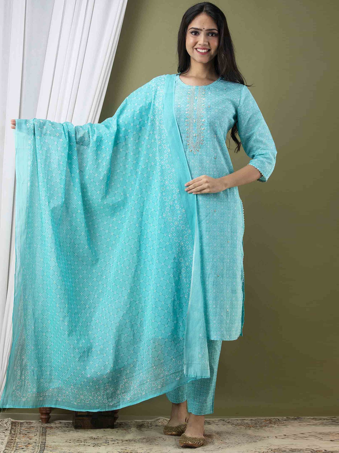 JAIPUR FASHION MODE Ethnic Motifs Printed Pure Cotton Kurta with Trousers & Dupatta, Blue
JAIPUR FASHION MODE Ethnic Motifs Printed Pure Cotton Kurta with Trousers & Dupatta, Blue