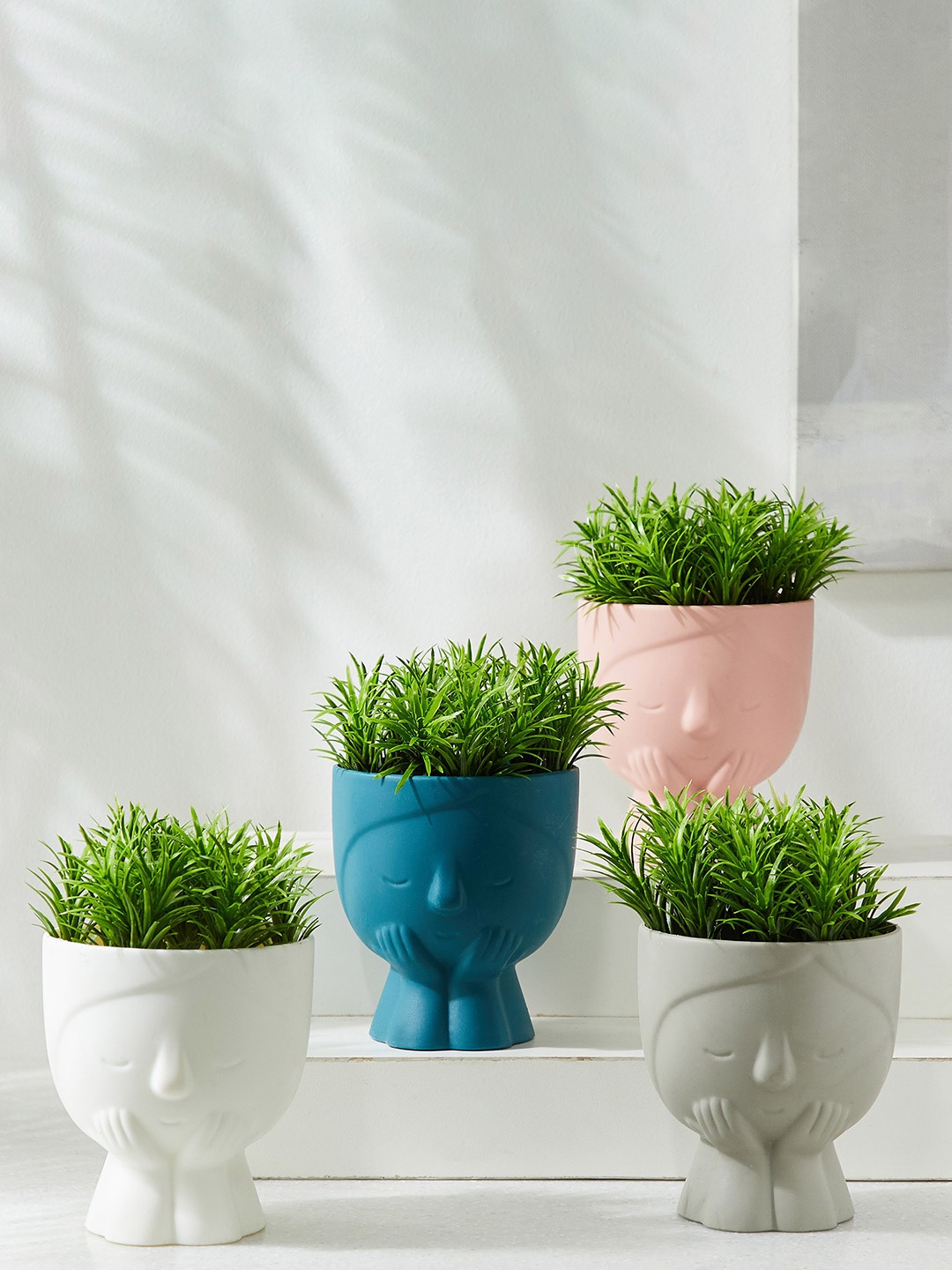 Home Centre Spinel Decor Blue & Pink 4 Pieces Face Planters With Plant