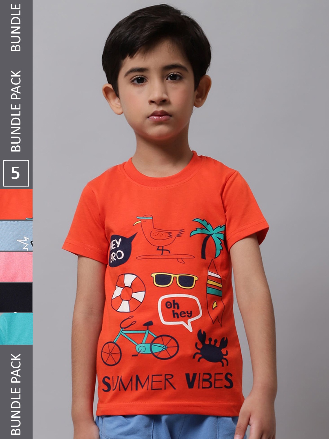 BAESD Boys Pack Of 5 Printed Cotton T-shirt, Orange