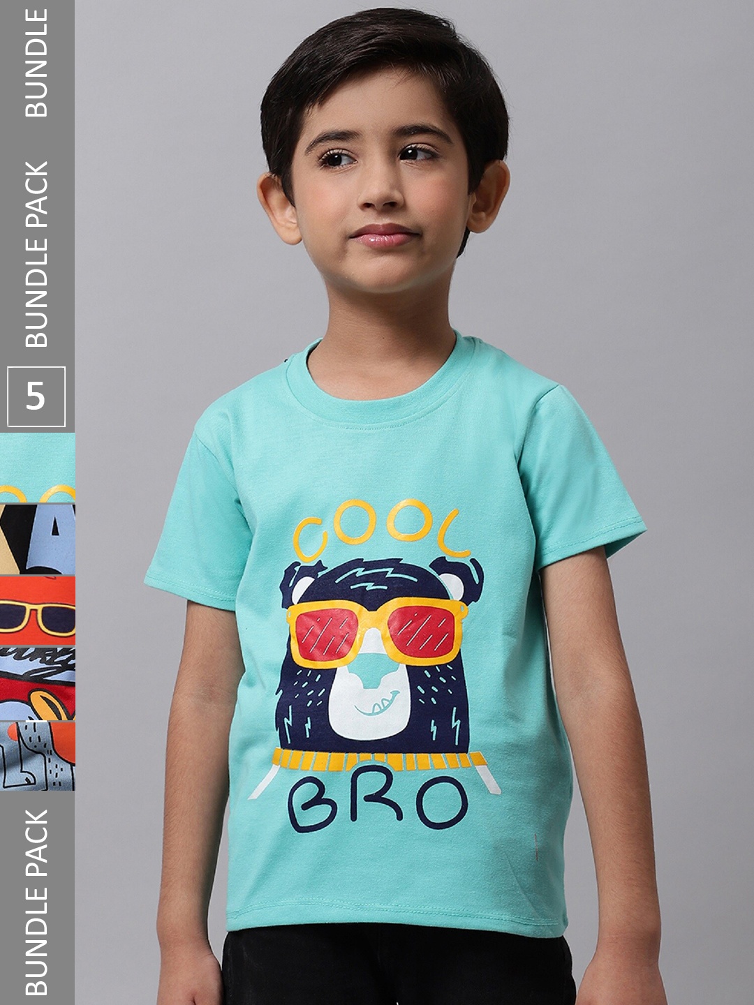 BAESD Boys Pack of 5 Graphic Printed Cotton T-Shirt, Blue