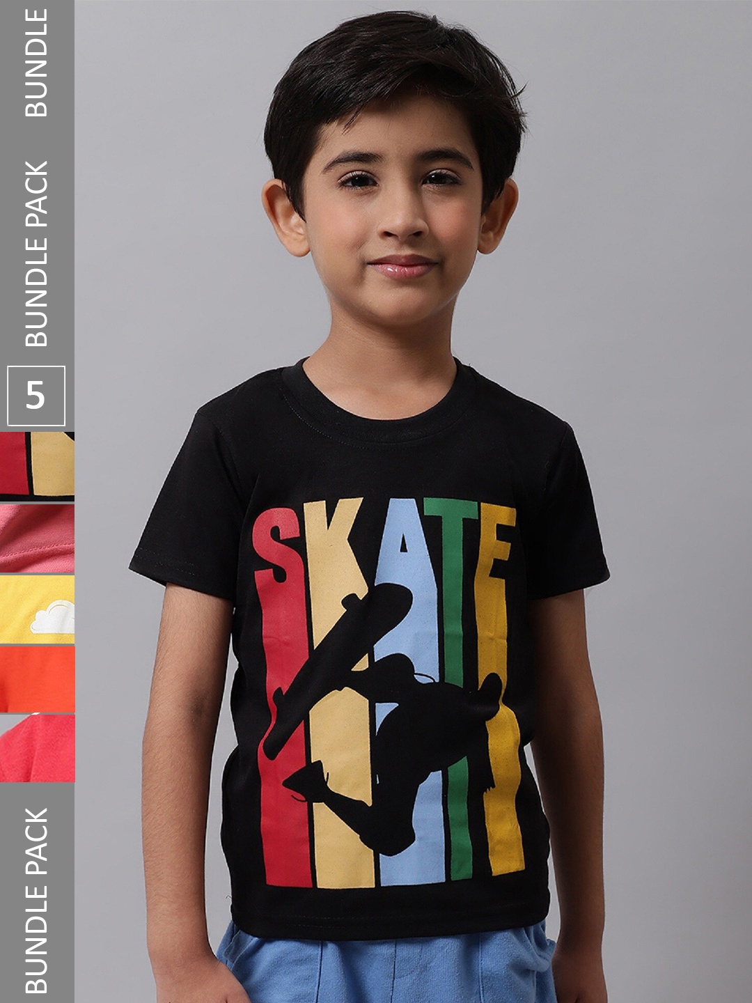 BAESD Boys Pack of 5 Graphic Printed Cotton T-shirt, Black