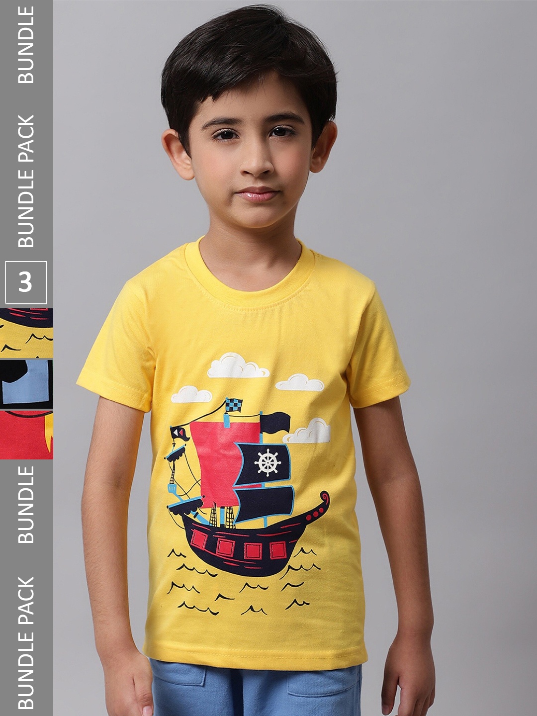 BAESD Boys Pack Of 3 Graphic Printed Cotton Regular T-shirt, Yellow