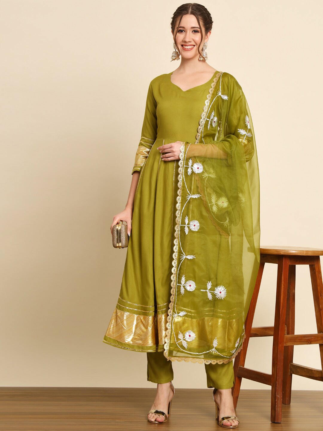 Meeranshi Sweetheart Neck Gotta Patti Anarkali Kurta With Trousers & Dupatta, Green
Meeranshi Sweetheart Neck Gotta Patti Anarkali Kurta With Trousers & Dupatta, Green