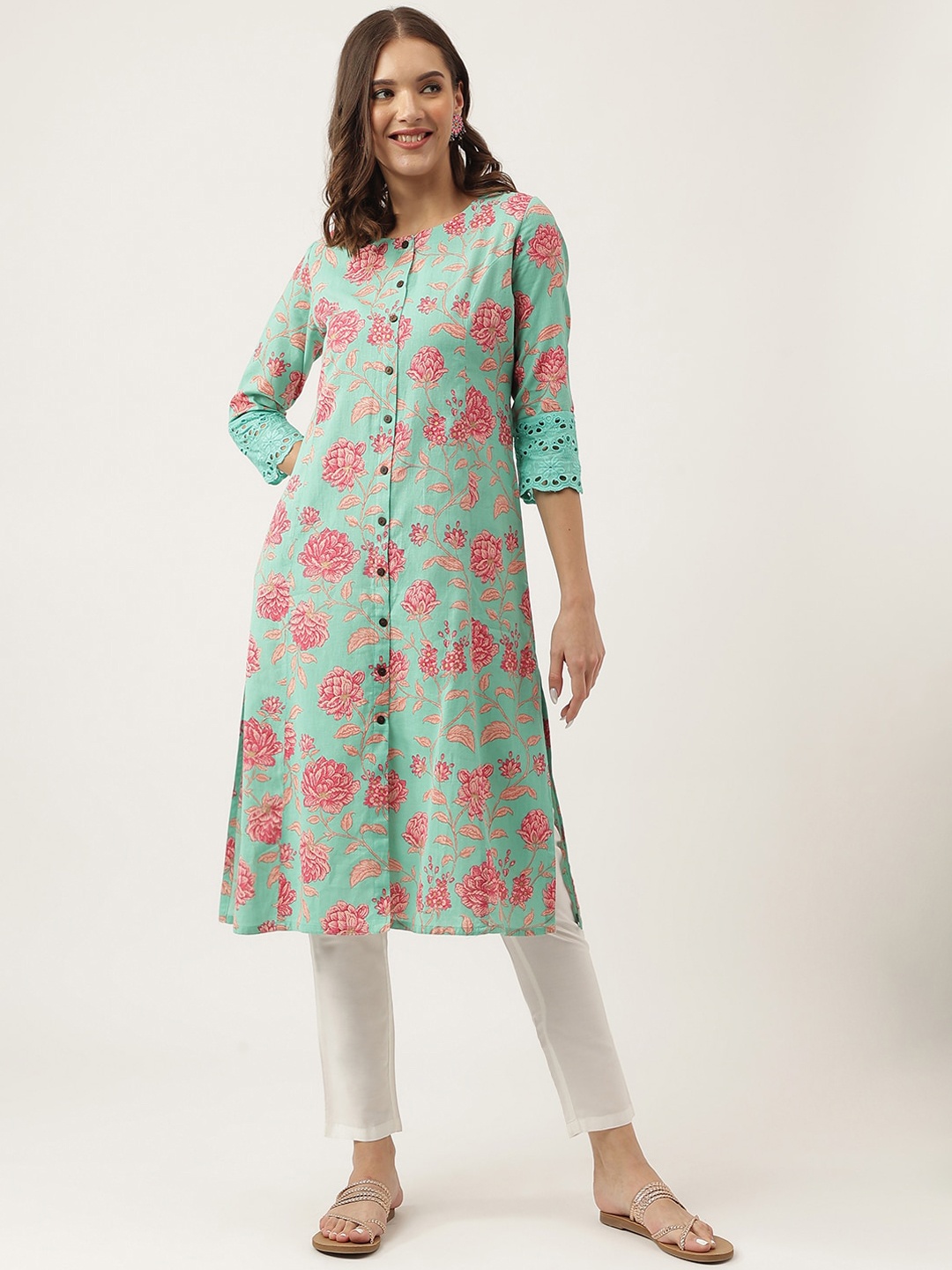 Divena Floral Printed Round Neck Cotton A Line Kurta, Green