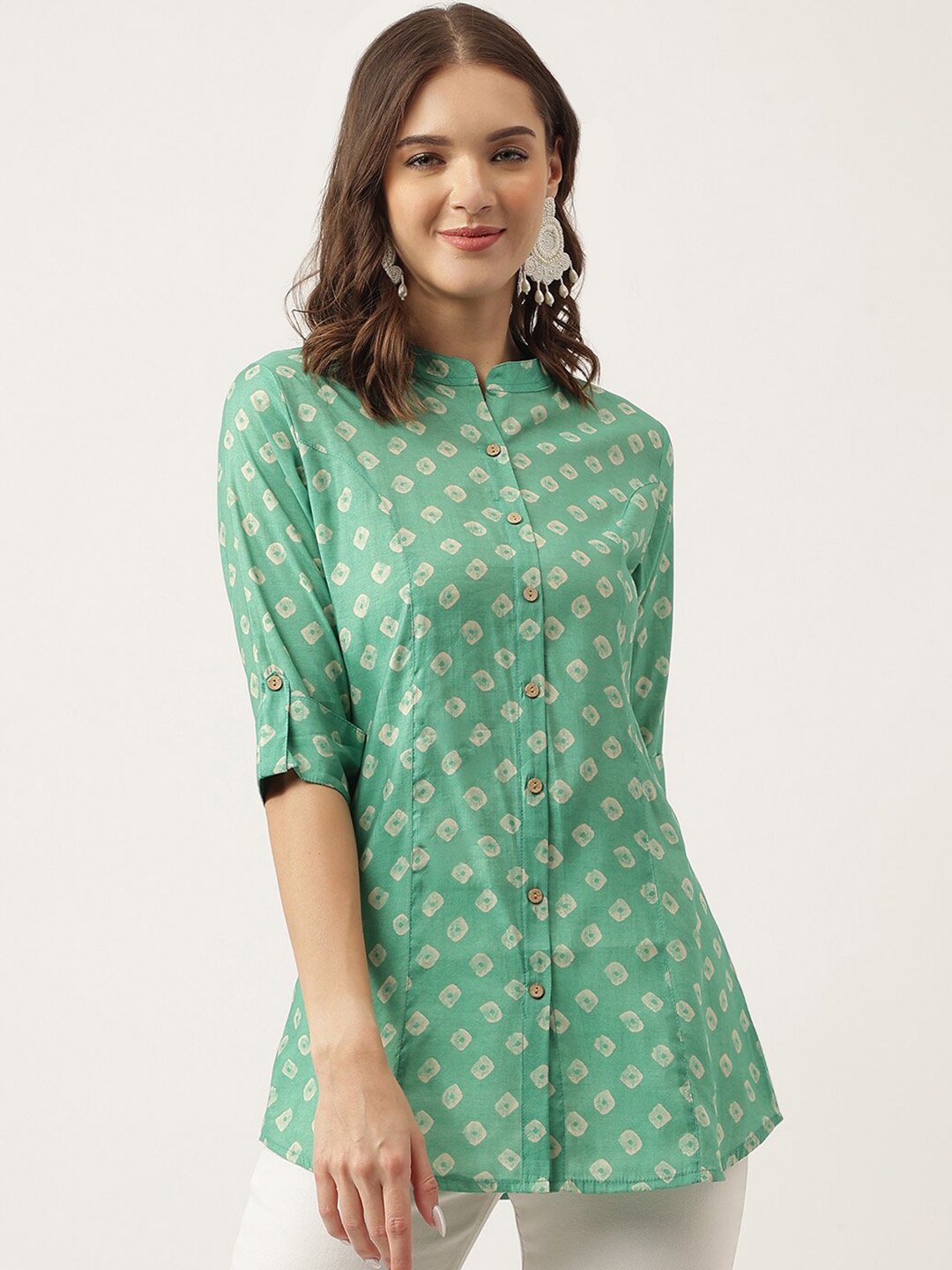 Divena Ethnic Motifs Printed Mandarin Collar Roll-Up Sleeves Shirt Style Top, Green
Divena Ethnic Motifs Printed Mandarin Collar Roll-Up Sleeves Shirt Style Top, Green