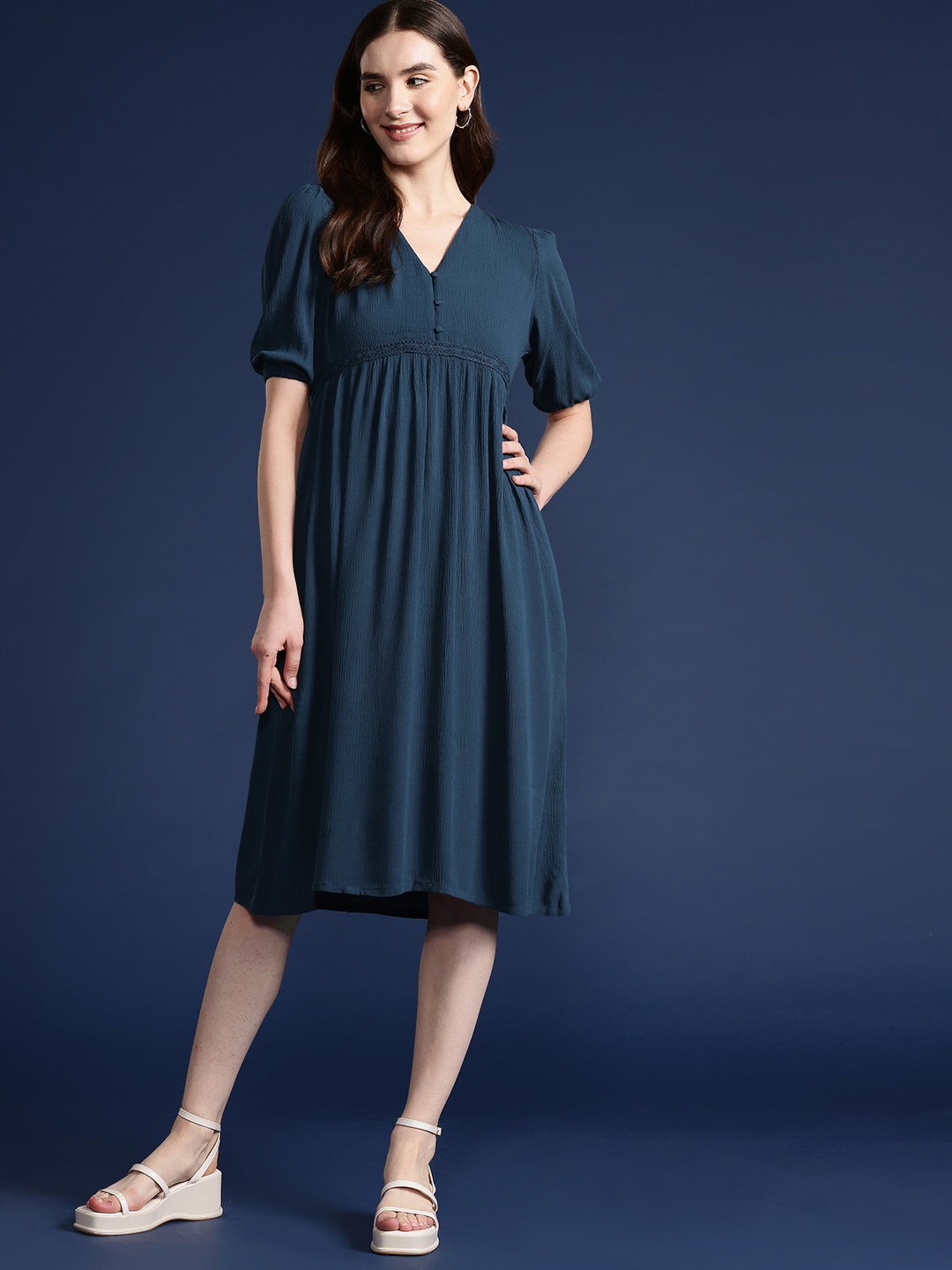 Mast & Harbour Pure Cotton Lace Insert & Gathered Detail Puff Sleeves Empire Dress, Navy blue
Mast & Harbour Pure Cotton Lace Insert & Gathered Detail Puff Sleeves Empire Dress, Navy blue